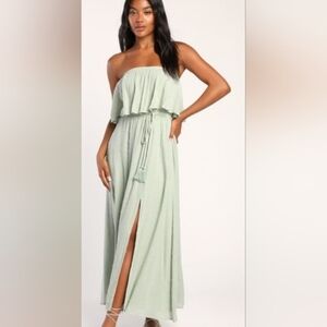 Lulu's Sage Green Off-Shoulder Maxi Dress, M, Like New, Silver Accents